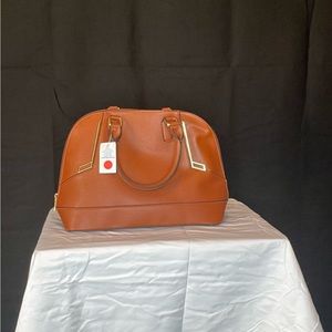 Cognac and gold leather bag